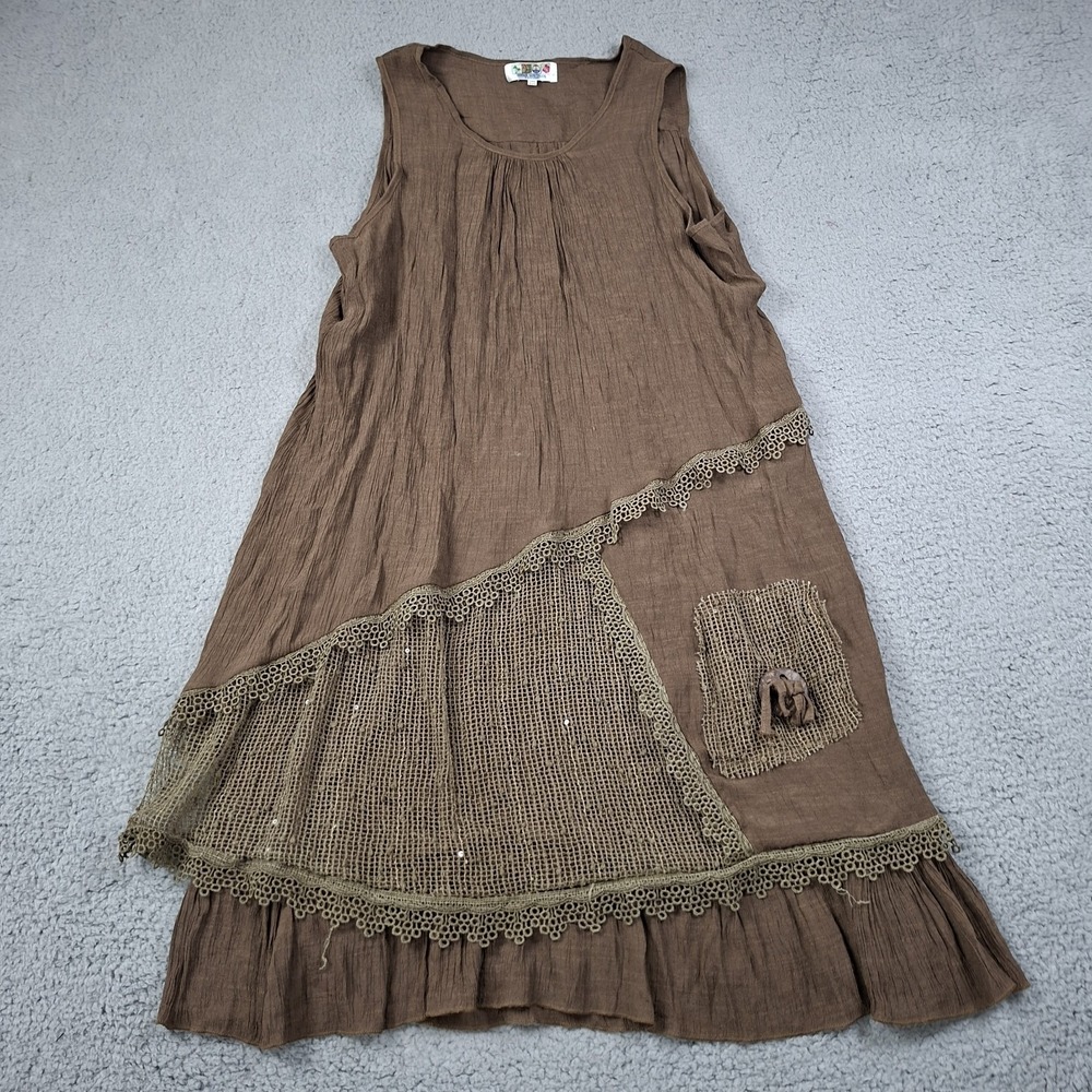 India Boutique Layered Crinkle Dress OS Crochet net Lagenlook Boho Midi Fairy